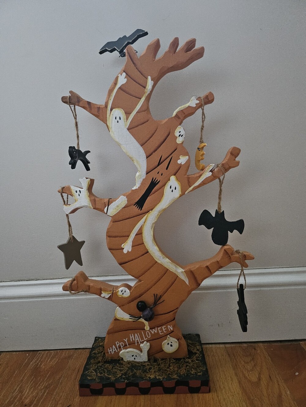 Happy Halloween Orange Tree Hanging With Cats, Bats & Stars.